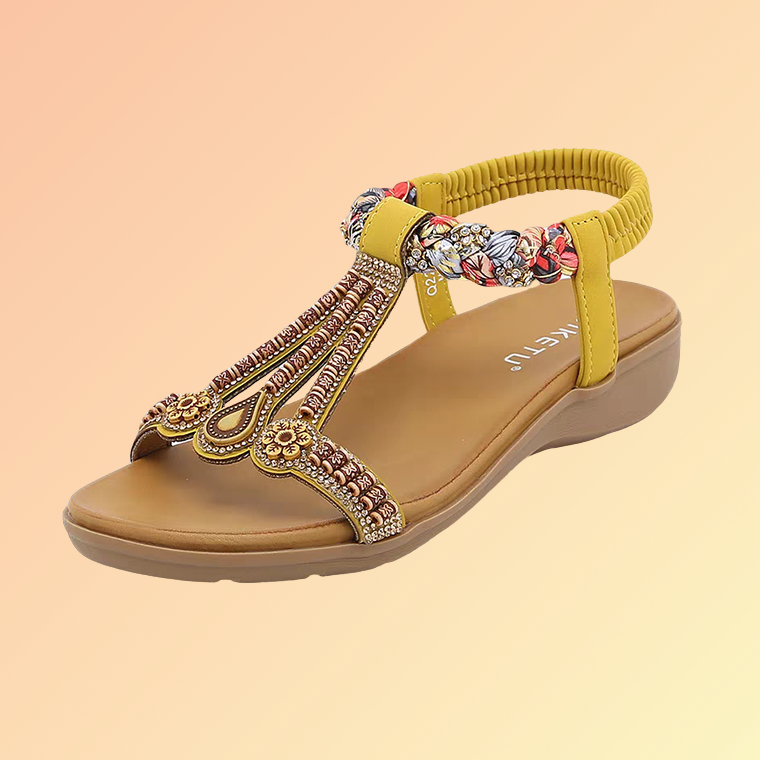 Ethno Sandalen Damen Gelb – Bequeme Sommerschuhe mit Perlen & Strass Damensandale
