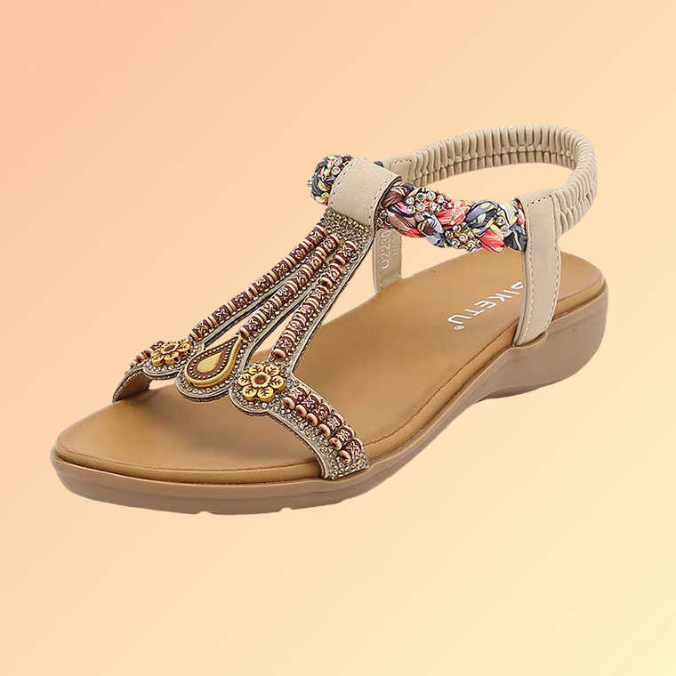 Ethno Sandalen Damen Gelb – Bequeme Sommerschuhe mit Perlen & Strass Damensandale