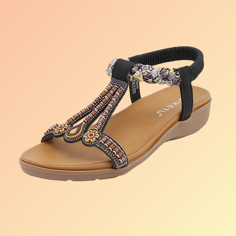 Ethno Sandalen Damen Gelb – Bequeme Sommerschuhe mit Perlen & Strass Damensandale