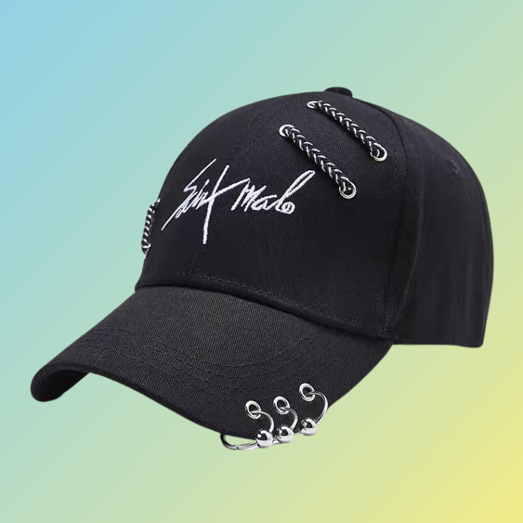 Streetstyle Cap mit Piercingringen & Kordel – Schwarz Weiß Unisex Baseball Cap Damecaps, Herrencaps
