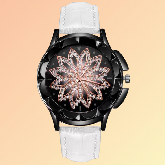 Damen-Strassuhr mit Blumenmuster – Elegantes Design in Weiß & Roségold Damenuhren