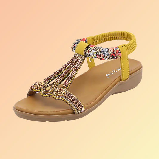 Ethno Sandalen Damen Gelb – Bequeme Sommerschuhe mit Perlen & Strass Damensandale