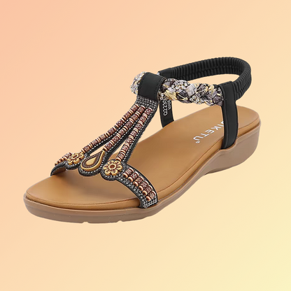 Ethno Sandalen Damen Gelb – Bequeme Sommerschuhe mit Perlen & Strass Damensandale